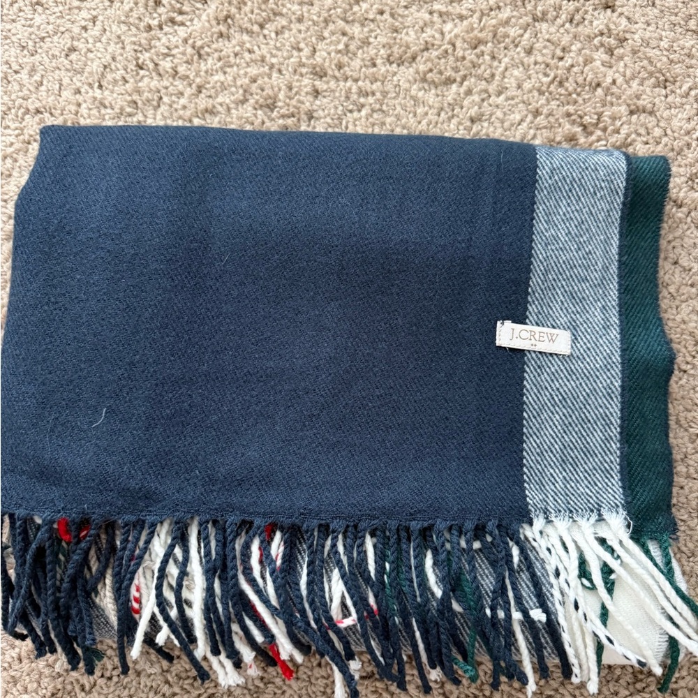 J. Crew Navy Green Fringe Wool Blend Scarf
